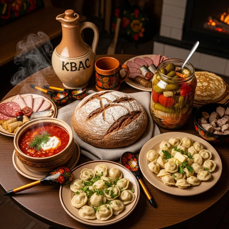 Traditional Russian Dinner from Above: Borsch, Pelmeni & More