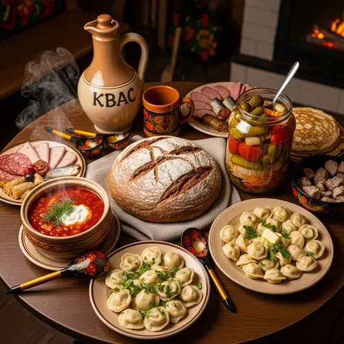 Traditional Russian Dinner: Borsch, Pelmeni, Kvass & More
