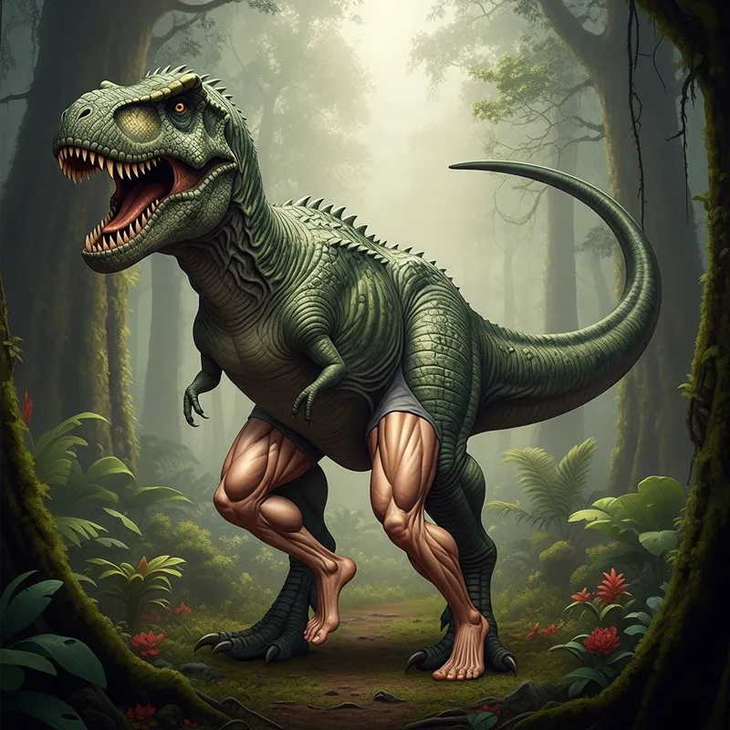 Intriguing Dinosaur-Human Hybrid with Human Legs