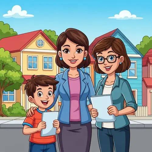 Cartoon of a Boy, His Mother and Their Friendly Neighbor