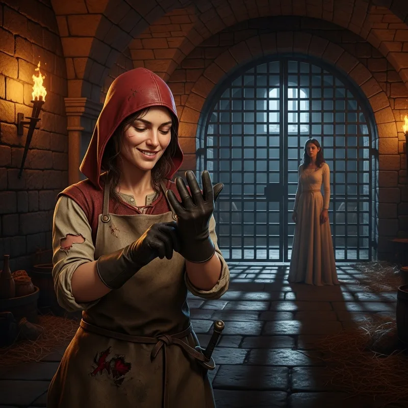 Medieval Dungeon: Woman in Red Leather Hood and Dirty Apron