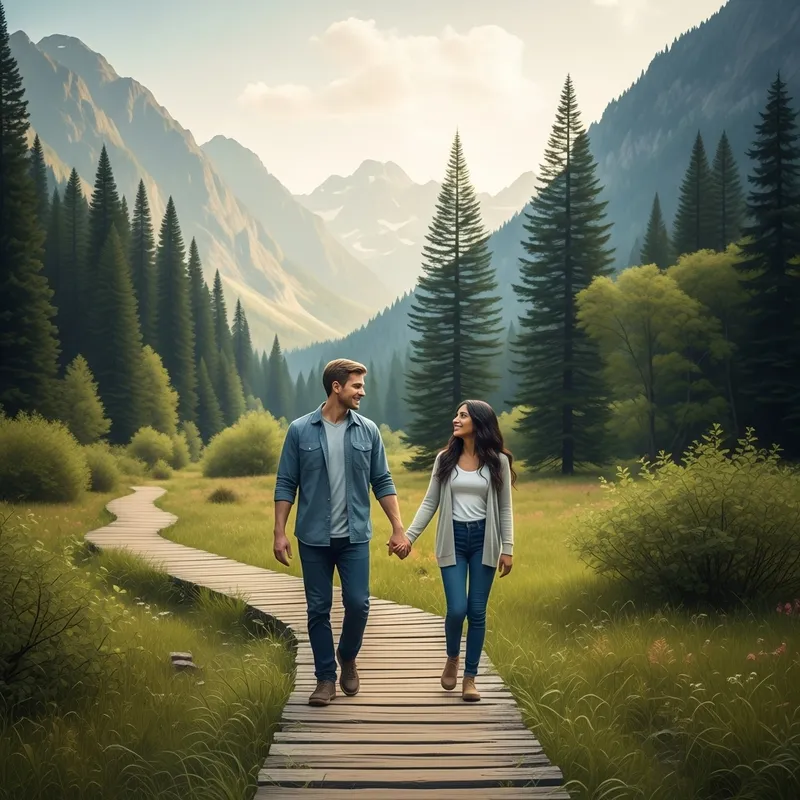 Lovers Hiking in a Dreamy Valley - Oil Painting