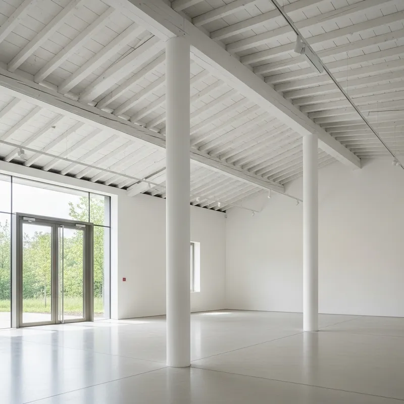 Spacious Exhibition Hall with Pitched Roof & White Interior Spacious Exhibition Hall with Pitched Roof & White Interior