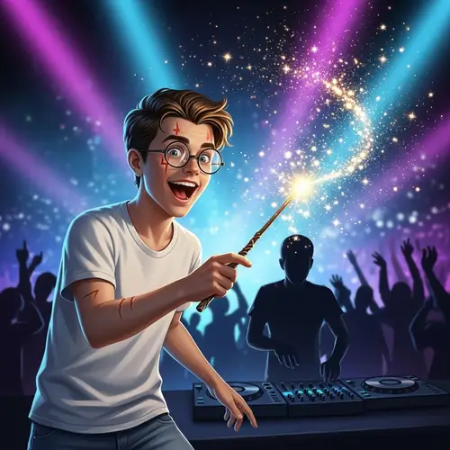 Exciting Wizard at Neon Rave Party - Sparkling Magic Wand!