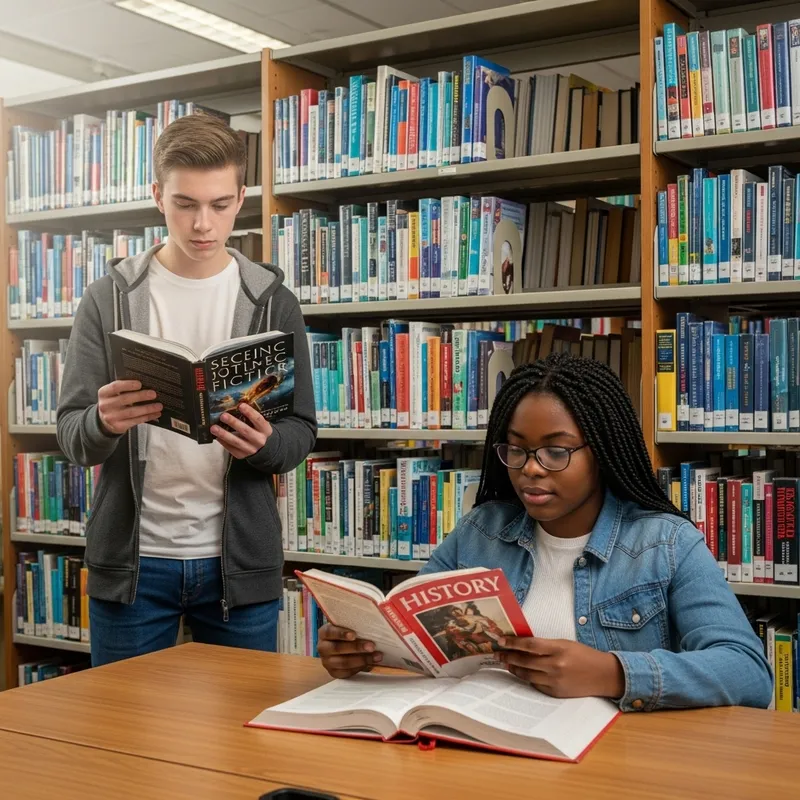 Teenage Boy and Girl in Library Reading Science Fiction & History Books