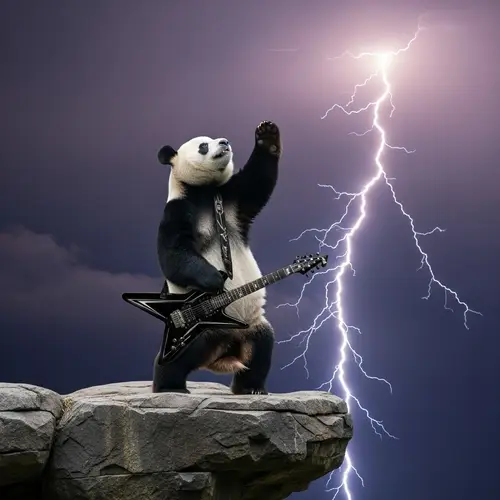 Rock and Roll Panda Pose with Lightning Background