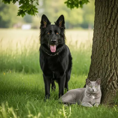 Black German Shepherd and Russian Blue Cat in Verdant Field