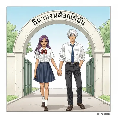 Japanese Manga Style Boy and Girl Holding Hands Under School Archway