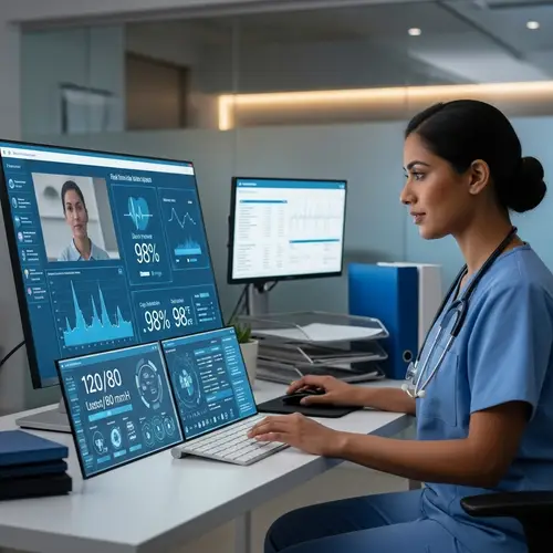 South Asian Female Nurse in Telehealth Session with Virtual Patient Monitoring