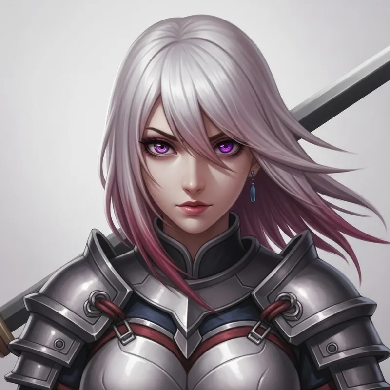 Warrior Anime Woman with Purple Eyes and Ash White Hair