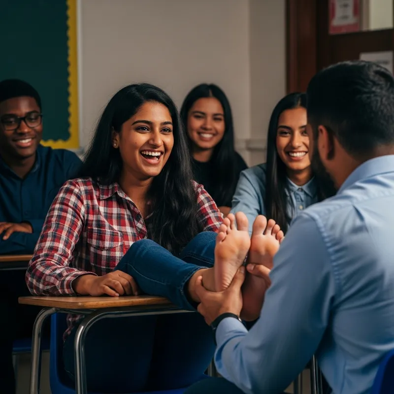 Joyful Classroom Tickling: South Asian Student Laughs at Teacher's Playful Tickle