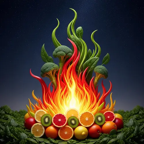 Fruit and Vegetable Fire Art: Vibrant Flames Sculpted Creatively