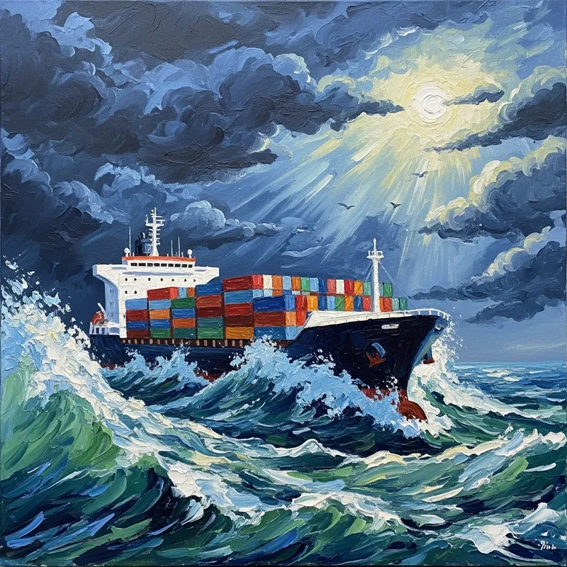 Van Gogh Style Container Ship Painting in Storm | High Waves & Sun