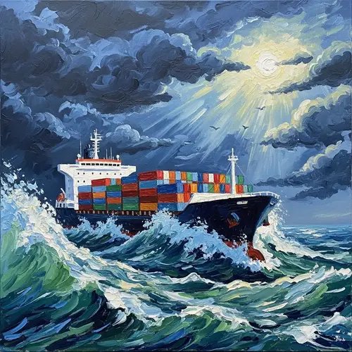 Vivid Container Ship Painting Inspired by Van Gogh | Storm Scene