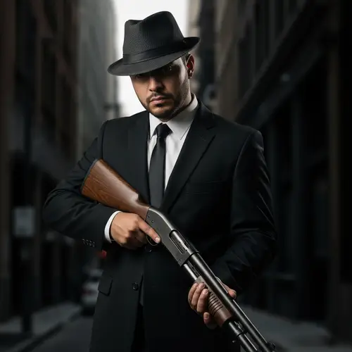 Hispanic Gangster with Sawed-Off Shotgun in Urban Setting