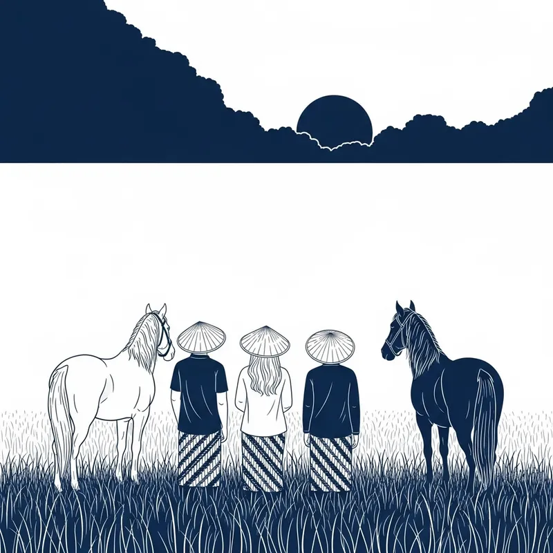 Serene Indonesian Field Scene with Trio of Horses and Individuals