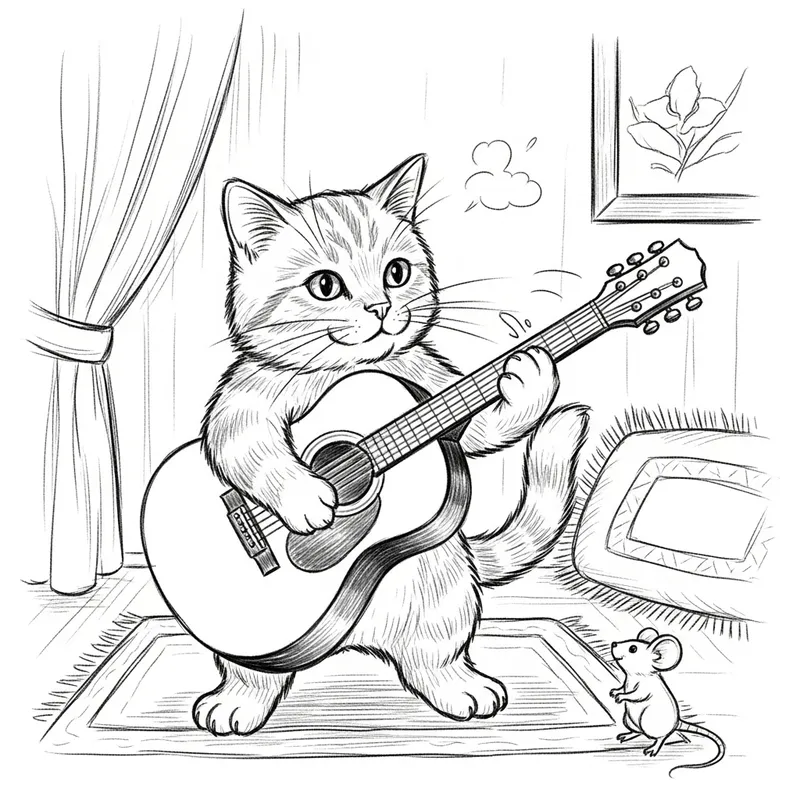 Cute Cat Jamming on Guitar Sketch