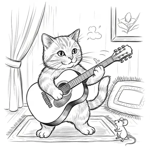 Joyful Cat Playing Guitar Sketch