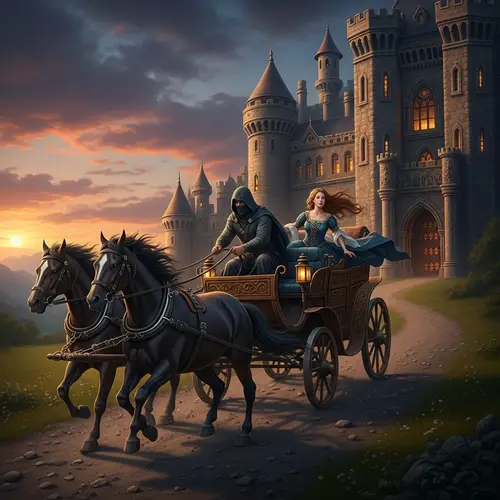 Medieval Man and Princess Escape on Horse-Drawn Carriage