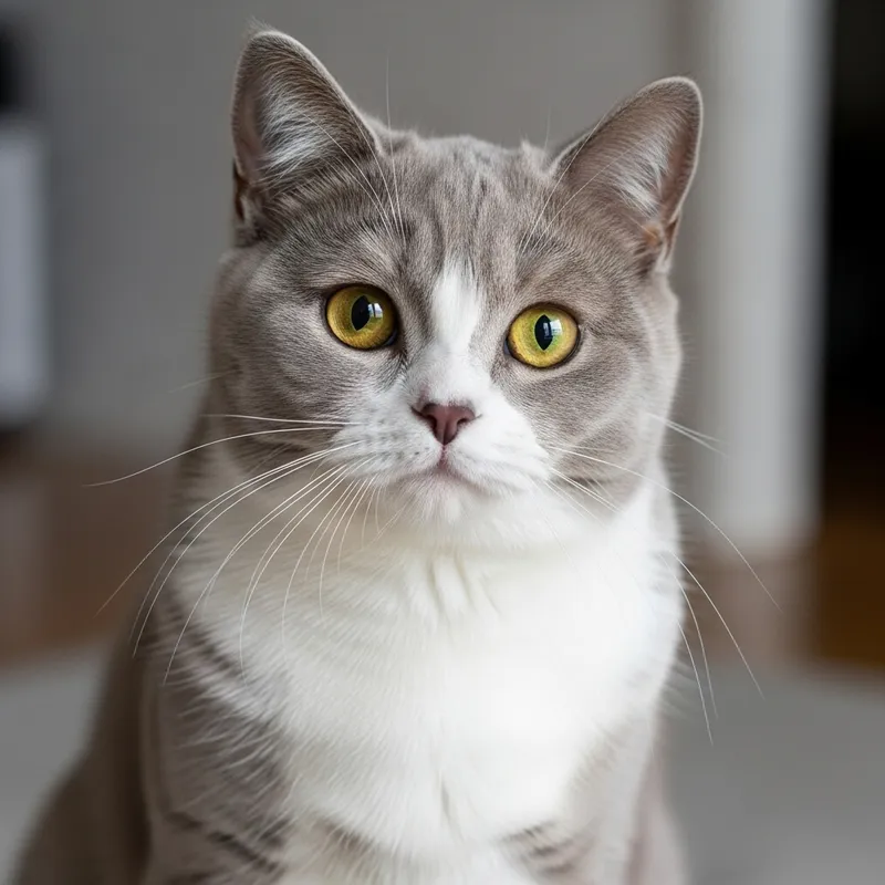 Light Grey Scottish Short Hair Cat with White Paws & Yellow Eyes