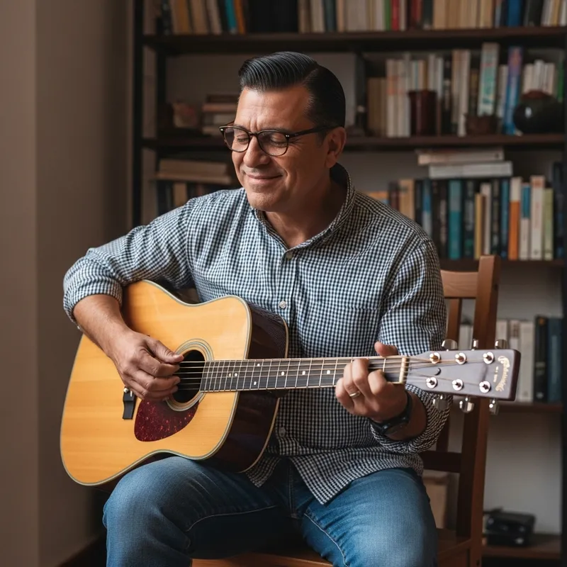 Captivating Image of a Middle-aged Hispanic Man Playing Acoustic Guitar