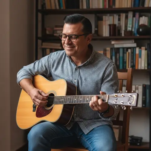 Middle-aged Hispanic Man Playing Acoustic Guitar | Music Enthusiast