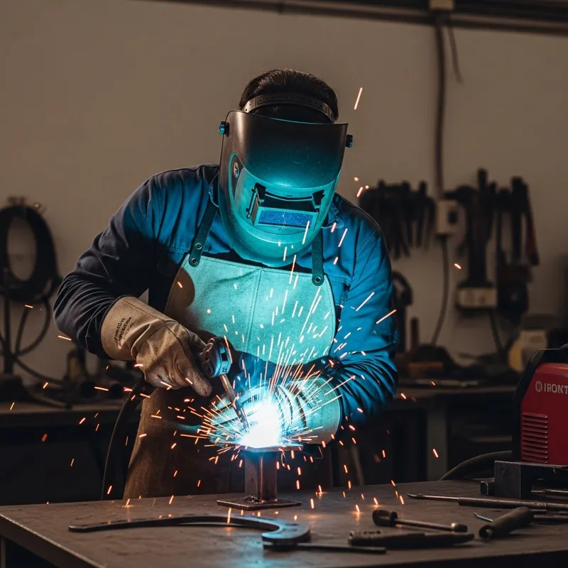 Skilled Welder with Welding Machine Creating Sparks in Workshop