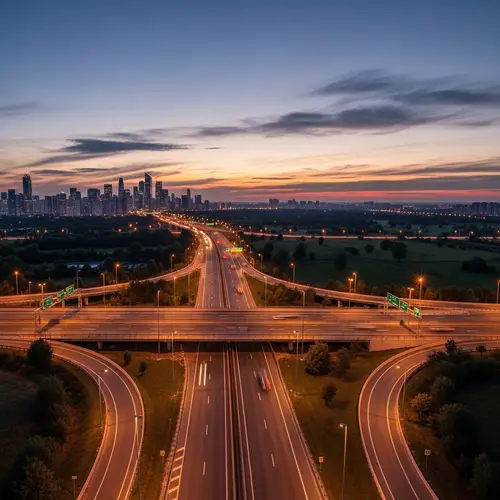 Scenic Sunset Over Urban Highway System | Tranquil Cityscape