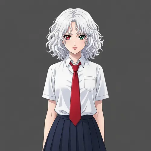 Curly White Hair & Heterochromia: Girl in White School Uniform
