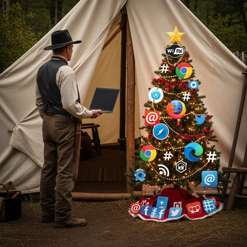 Pioneer Guy with Laptop in Camp, Christmas Tree with Web Icons