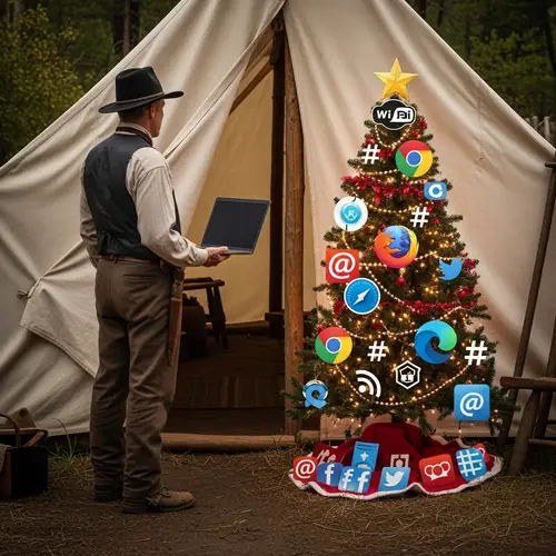 Unique Christmas Tree Decorated with Internet Symbols in Pioneer Camp