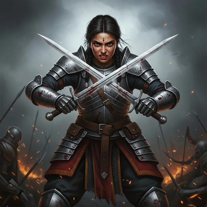 Warlike Girl in Torn Armor with Swords