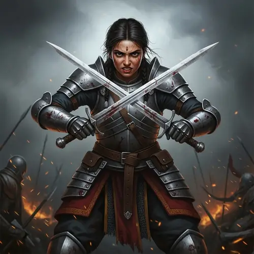Warlike Girl in Torn Armor with Swords