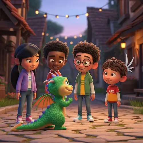 Spark and Friends in Cozy Village | 3D Animation Style Image