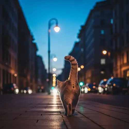 Ethereal Cat Strolling Through City Streets at Night