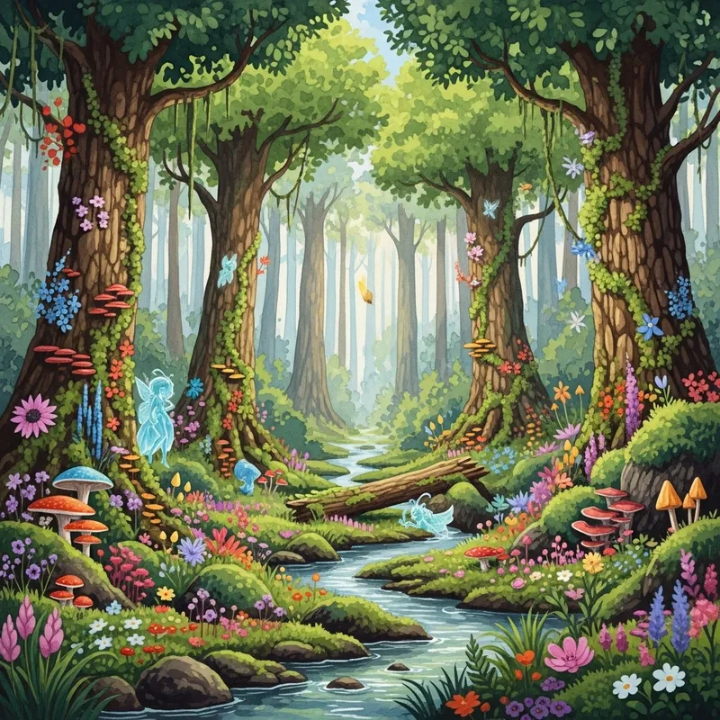 Fantasy Forest Watercolor Art | Enchanted Flora & Creatures