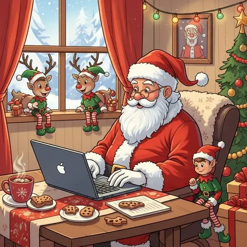 Santa Claus Working Remotely - Modern Holiday Scene
