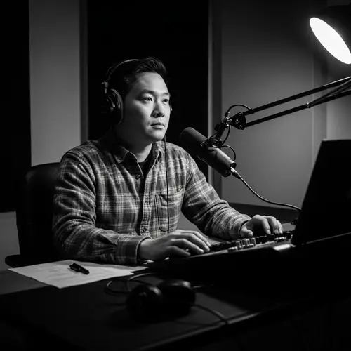 Asian Male Podcast Host in Vintage Black and White Studio | Creative Process