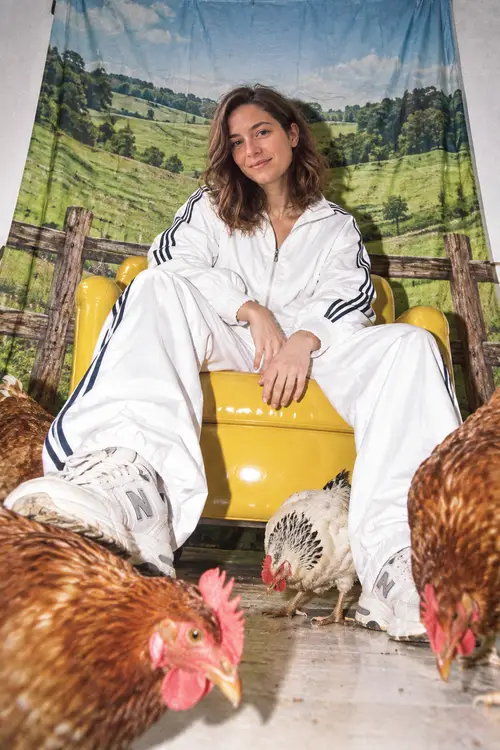 Y2K Editorial Style Studio Portrait with Chickens