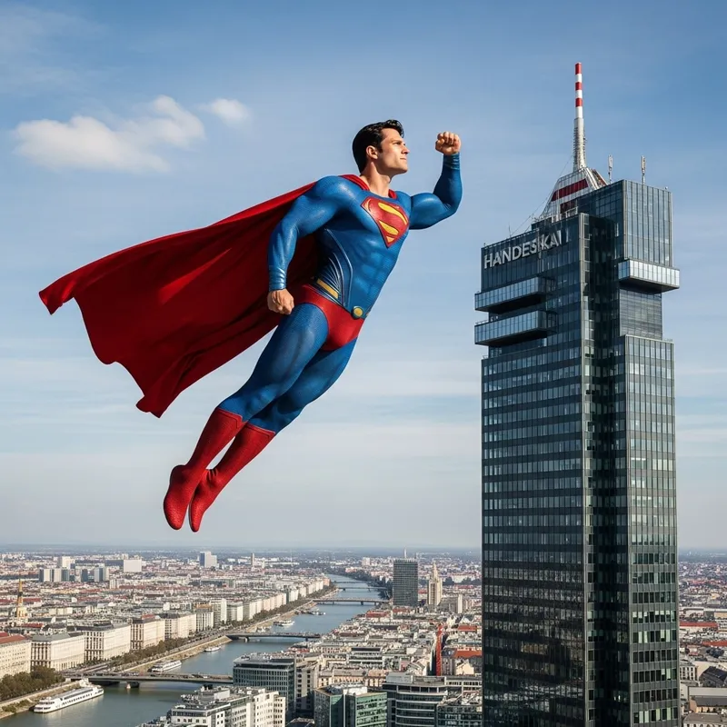 Superman Flying by Handelskai Tower in Wien