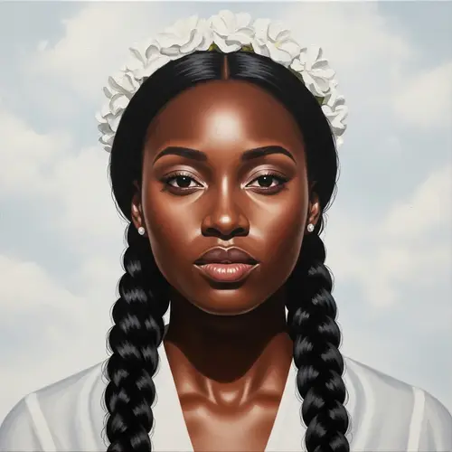 Realistic Oil Painting Portrait of Black Brown Skinned Woman with Floral Head Adornment
