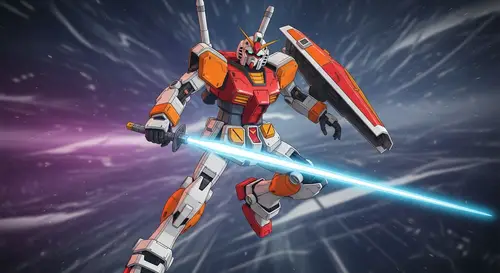 Orange and White Gundam-Style Robot with Beam Sabre in High-Energy Pose