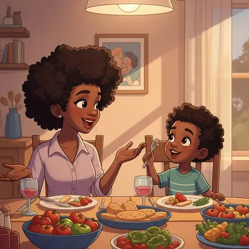 Heartwarming Cartoon: Young Black Mother Talking with 5-Year-Old Son