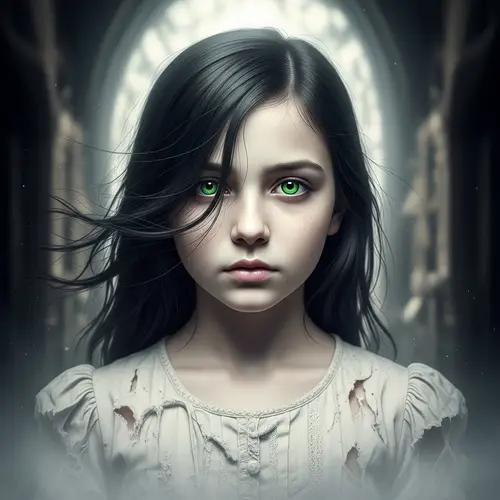 Ghostly Girl with Green Eyes - Haunting Portrait