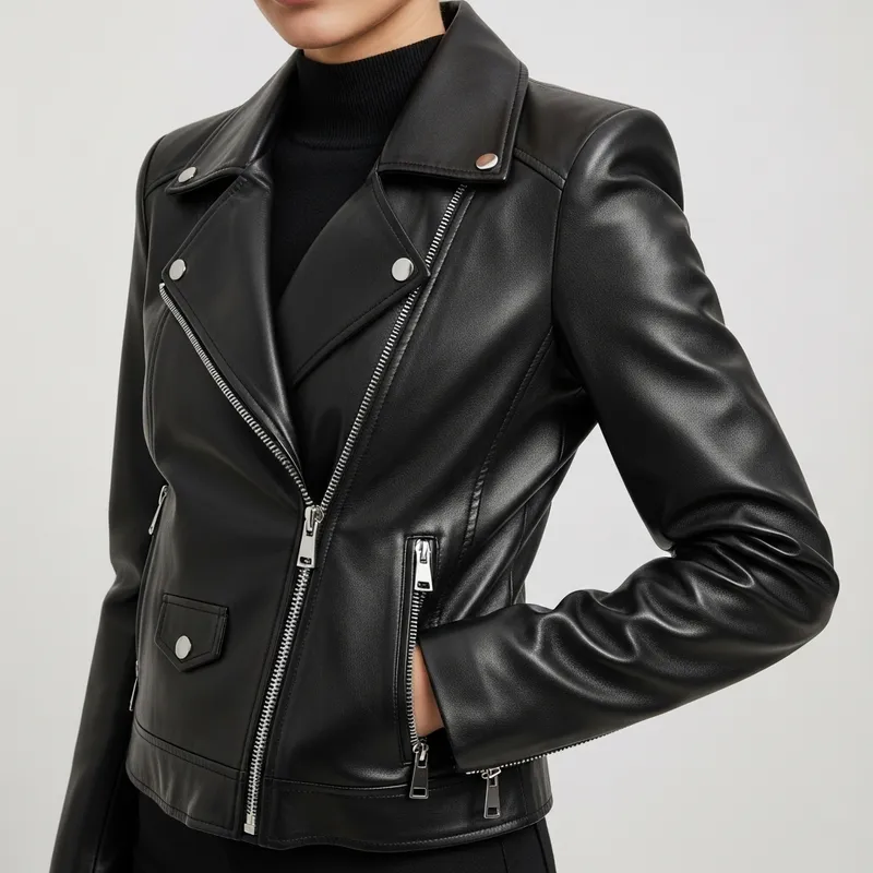 Chic Women's Leather Jacket with Structured Shoulders Chic Women's Leather Jacket with Structured Shoulders