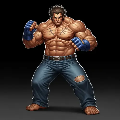 Muscular Man in Combat Pose with Fingerless Gloves and Wild Hair