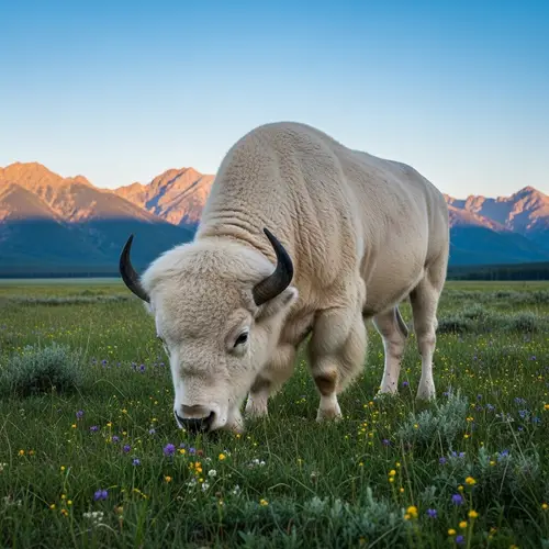 Majestic White Bison Grazing in Blooming Meadow
