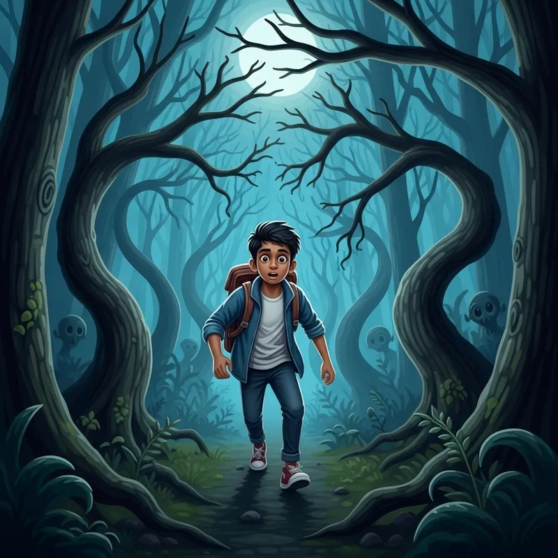 Boy in Enchanted Forest: Adventure in Mysterious Woods