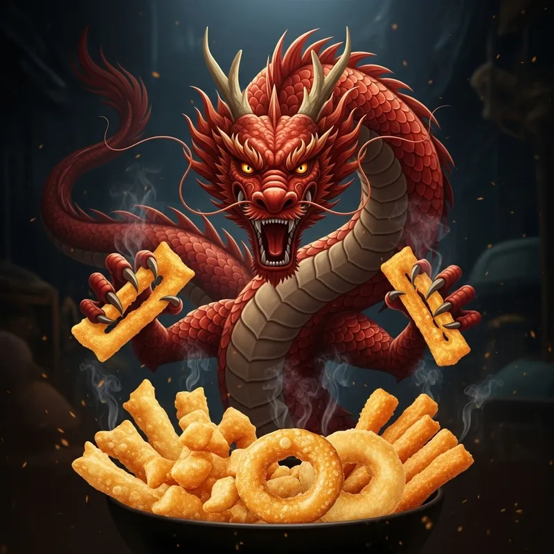 Chinese Red Dragon Holding Hot Fried Snacks in Center