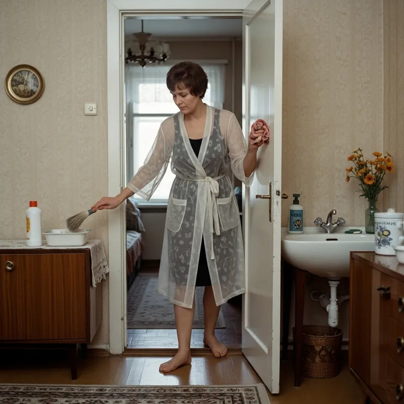 Soviet Housewife in Sheer Robe Cleaning Moscow Apartment 1978